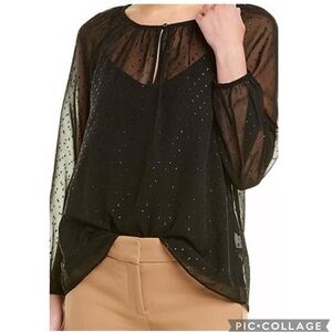 NWT Point Sur Black Sheer Popover Blouse in Pin Dot Chiffon